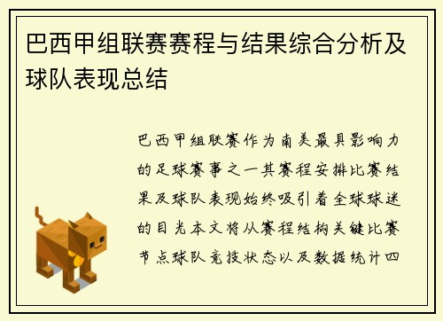 巴西甲组联赛赛程与结果综合分析及球队表现总结