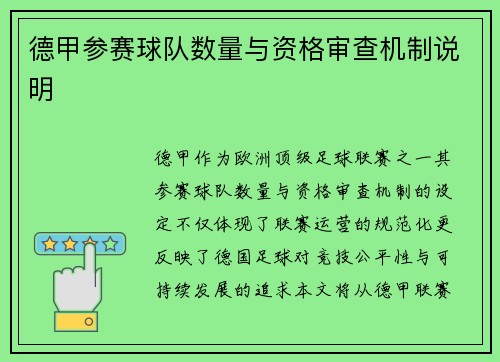 德甲参赛球队数量与资格审查机制说明