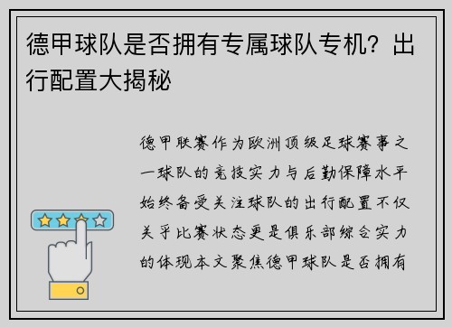 德甲球队是否拥有专属球队专机？出行配置大揭秘